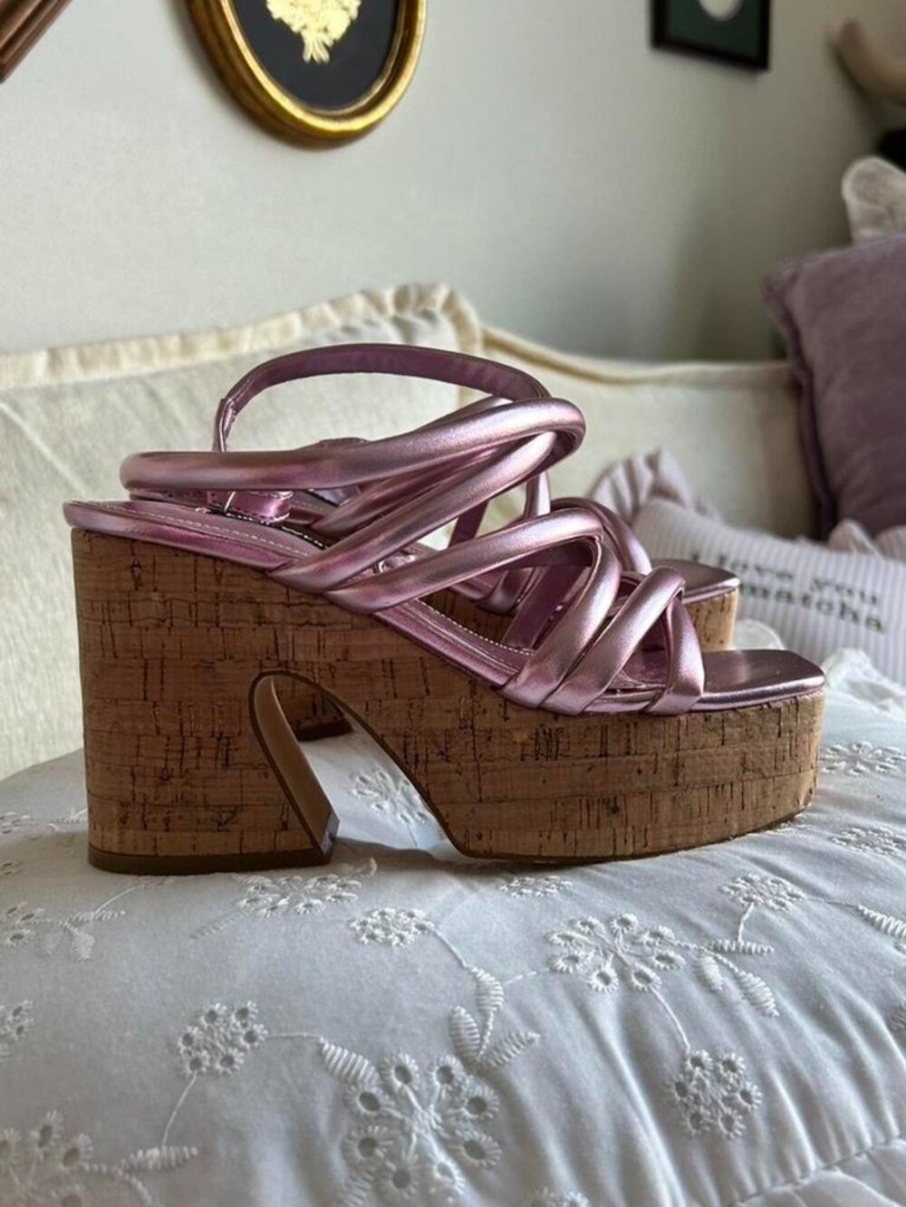 Pink metallic Nine West chunky cork platform heels